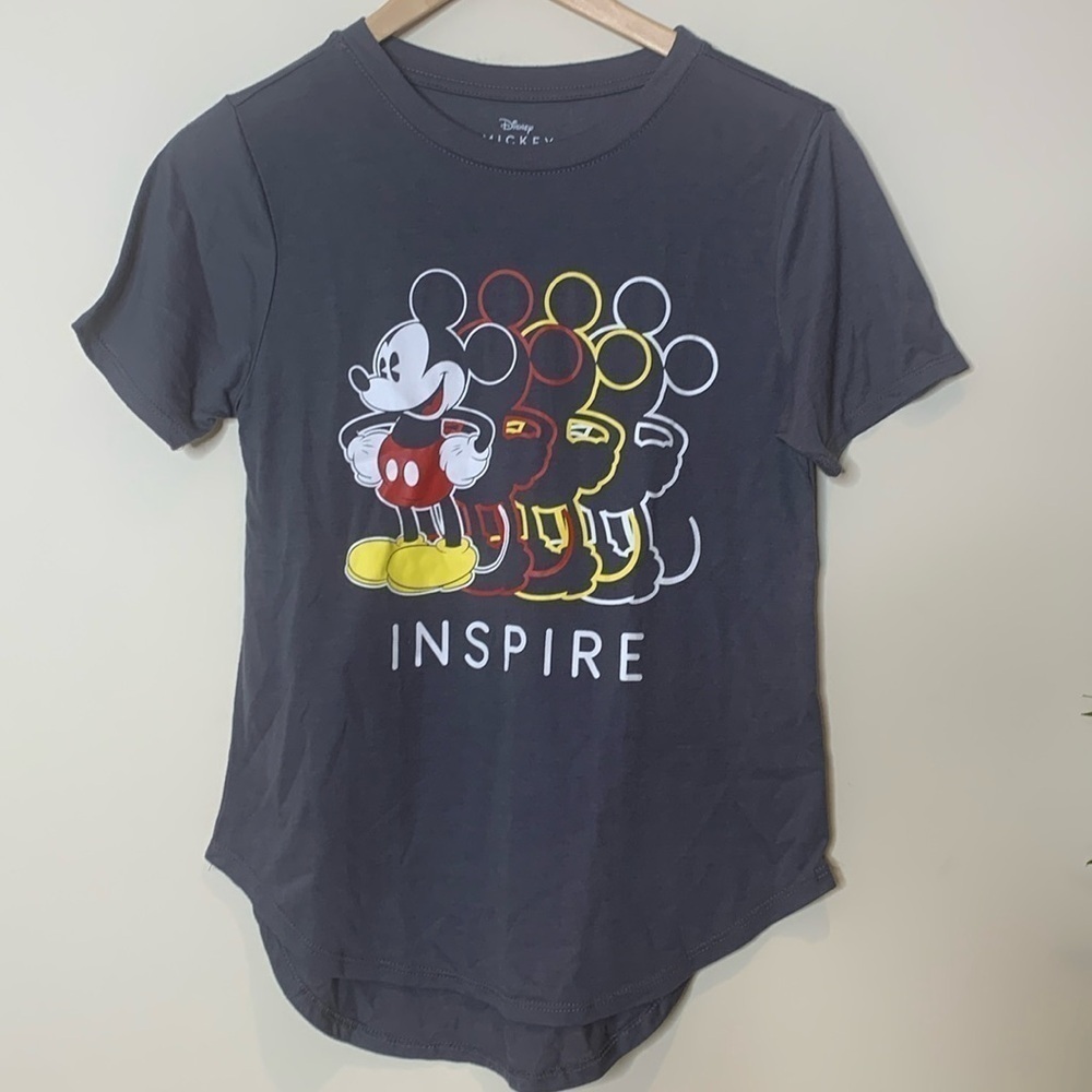 Disney Mickey Mouse Gray “Inspire” Graphic Rounded Hem Short Sleeve Crewneck Tee